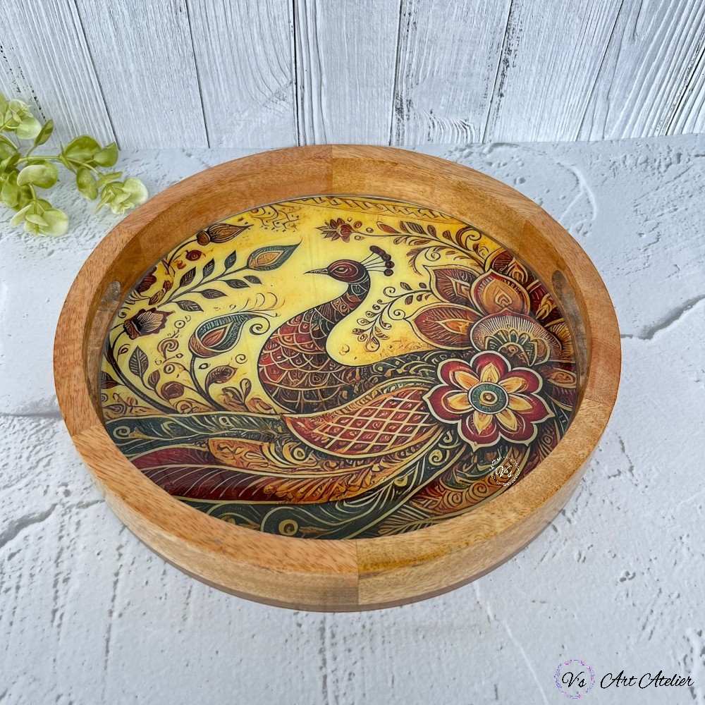 Mangowood Peacock Design Round Tray -12 Inch -2 Vs art atelier