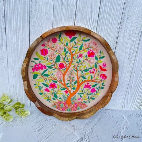 Mangowood Scalloped Tray in Tree of Life Design  - 12 Inches