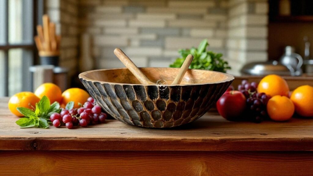 Close-up of a decorative wooden bowl big size, showing the detailed wood grain and smooth finish