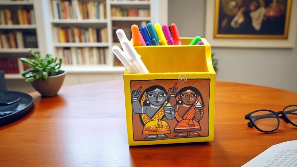 A collection of various handmade pen stands on a wooden table, showcasing a range of styles and materials.