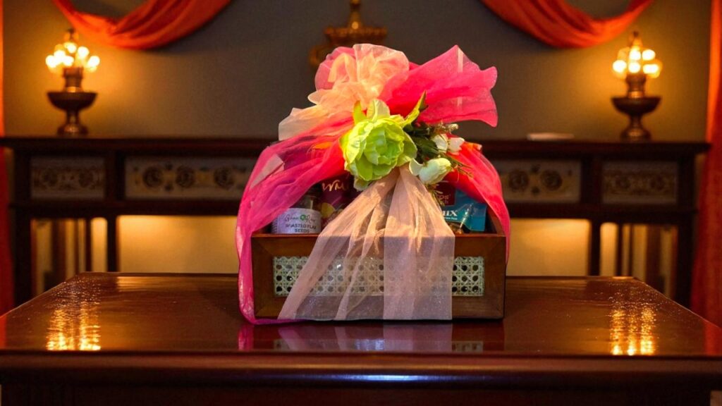 Wooden tray for hamper with bright festive colors
