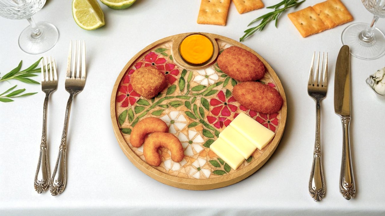 A rustic, live-edge wooden platter displaying an assortment of cheeses and crackers.