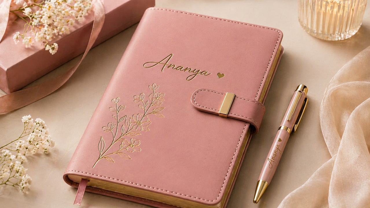 Customized diary and pen with handcrafted details for meaningful moments
