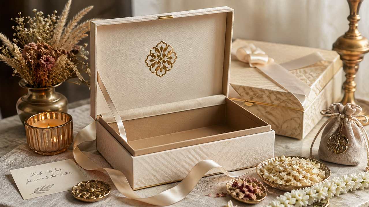 Elegant gift hamper box empty for personalised wedding and festive gifting