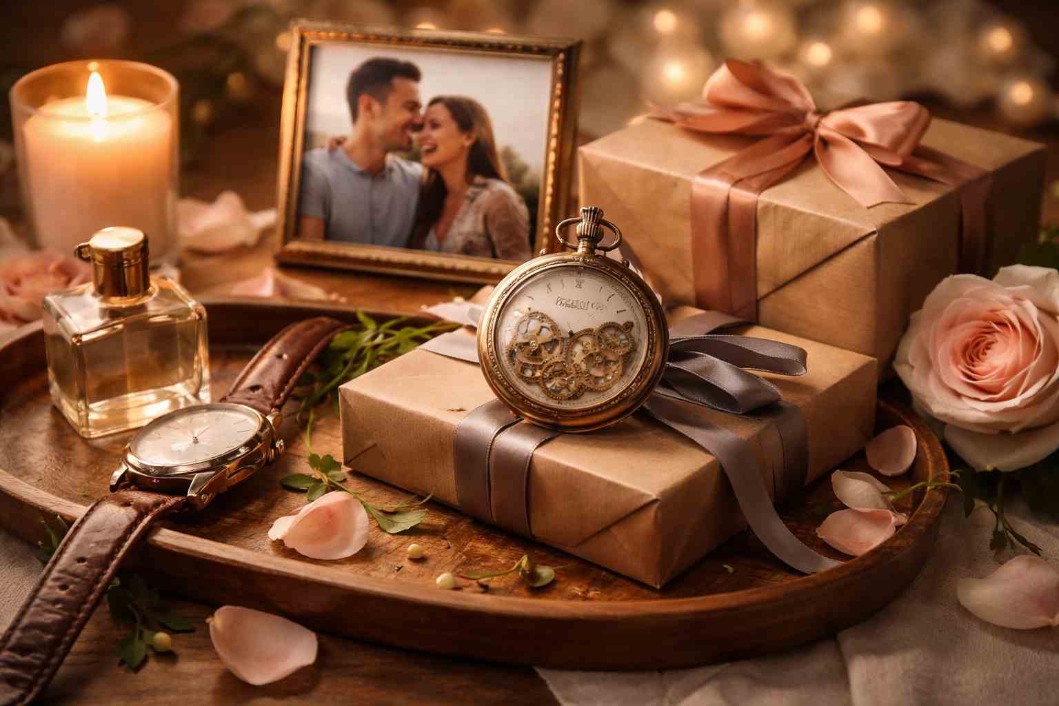 Elegant display of special anniversary gifts for husband, featuring a watch, personalized keepsake box, and romantic setting with soft lighting.