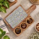 Blue Heritage Wooden Platter with 3 Dip Bowls